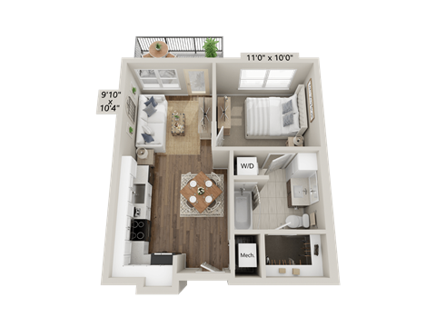 Floor plan for 1 bed, 1 bath, 533 sqft
